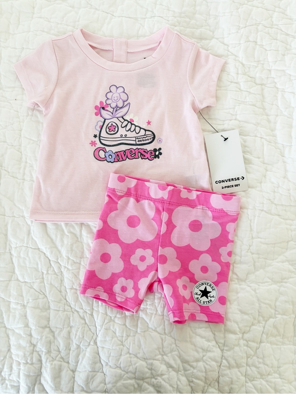 12M • new • Converse Pink Floral Tee and Hot Pink Flower Shorts Set